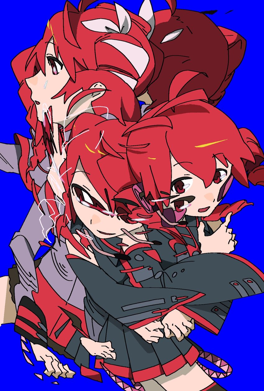 1girl, abstract, afterimage, ahoge, black_shirt, black_skirt, black_sleeves, blue_background