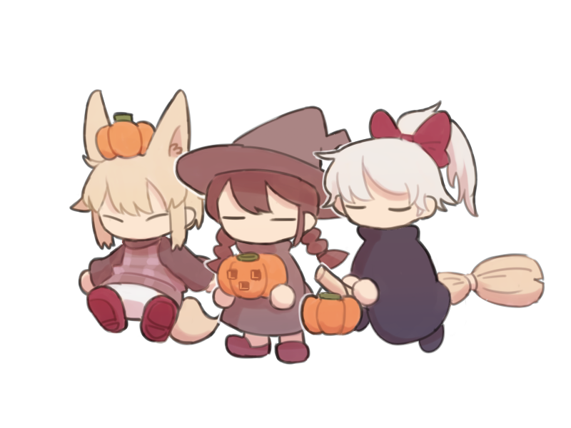 .flow, 3girls, alternate_hairstyle, animal_ears, blonde_hair, bow, braid, broom