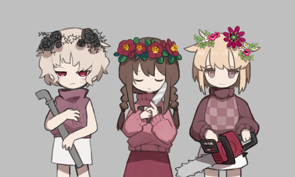 .flow, 3girls, black_flower, blonde_hair, braid, brown_hair, chainsaw, closed_eyes