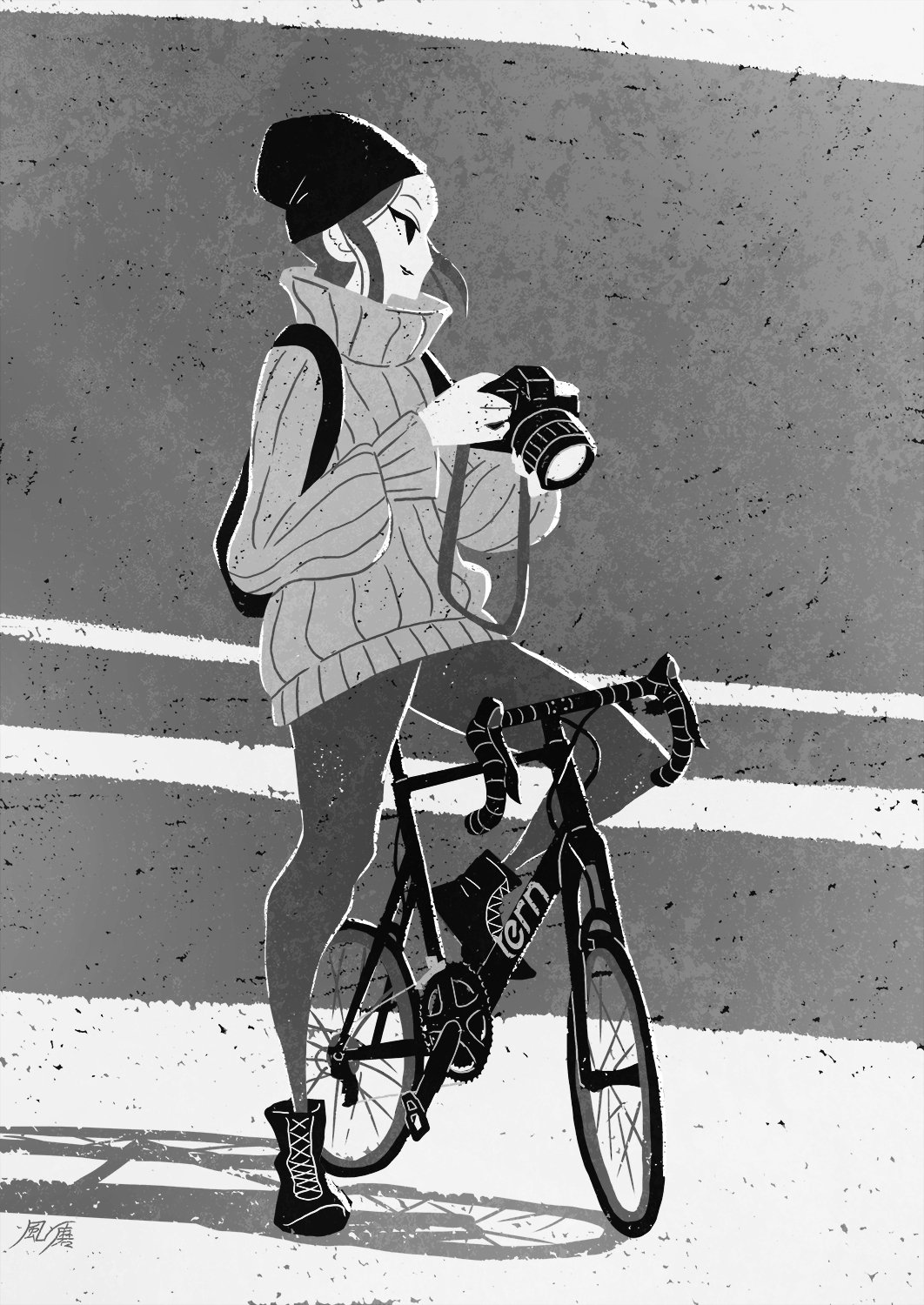 1girl, backpack, bag, beanie, bicycle, breasts, camera, commentary_request