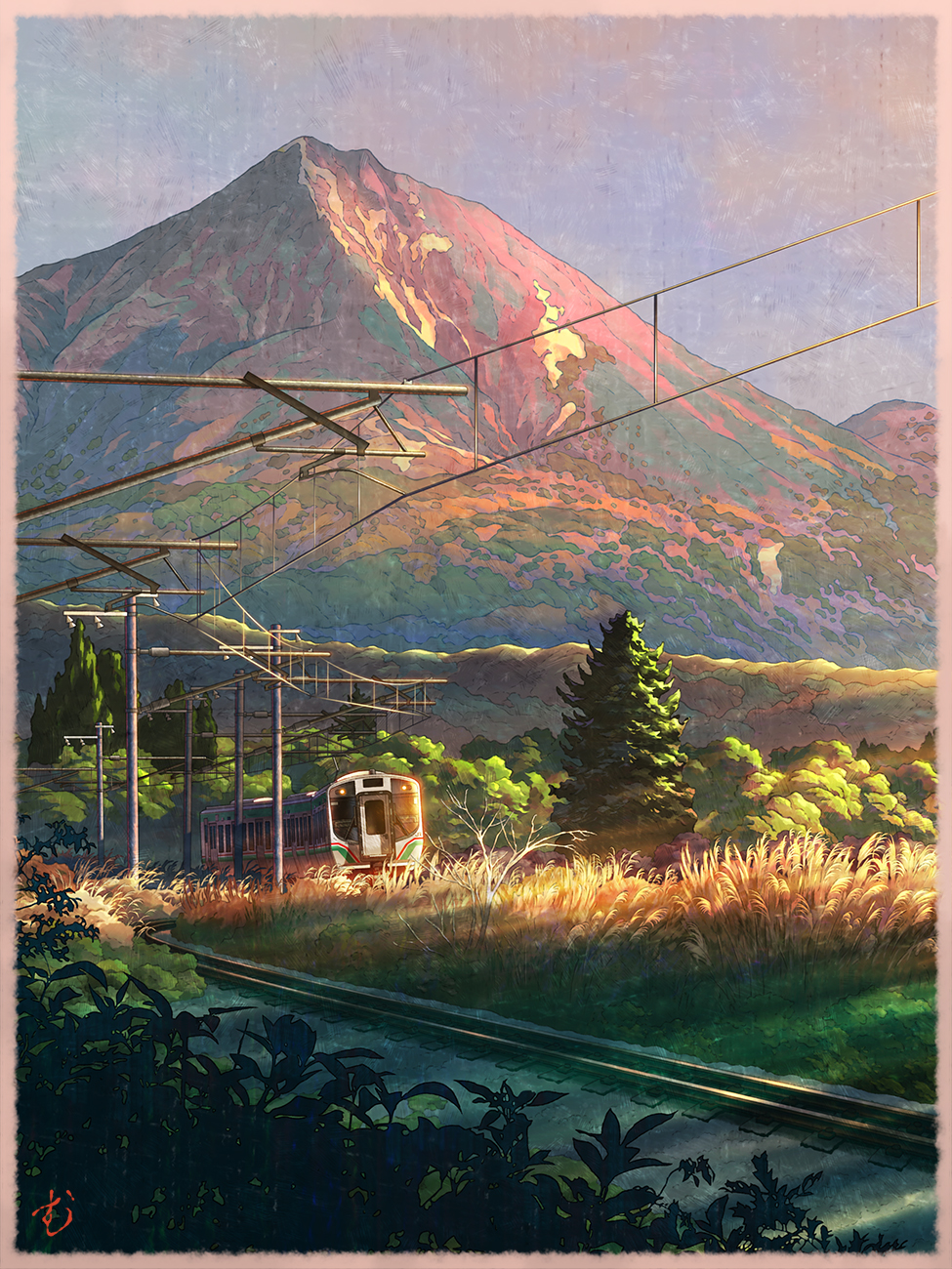 autumn, commentary_request, grass, highres, light_rays, mountain, mugumo_24k, multiple_unit_train