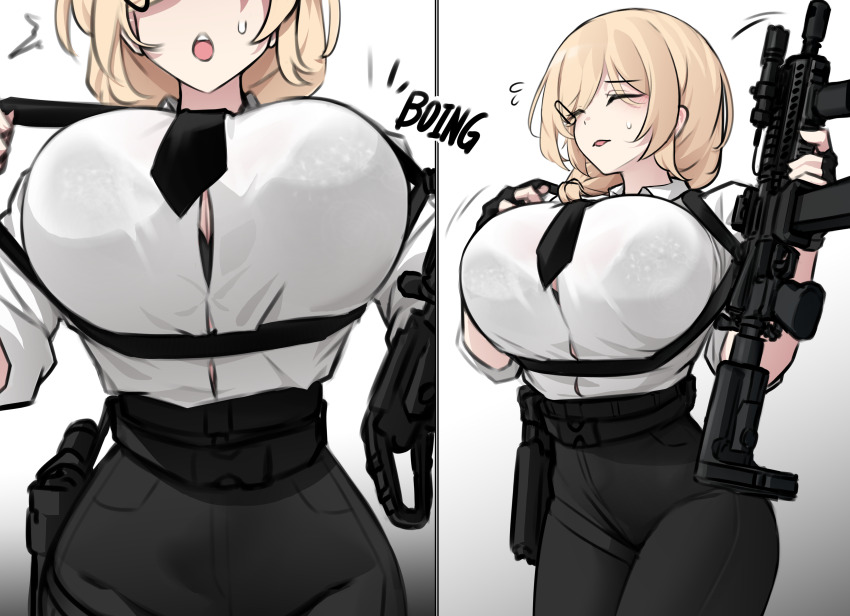 1girl, absurdres, accident, ar-15, assault_rifle, belt, black_bra, black_necktie