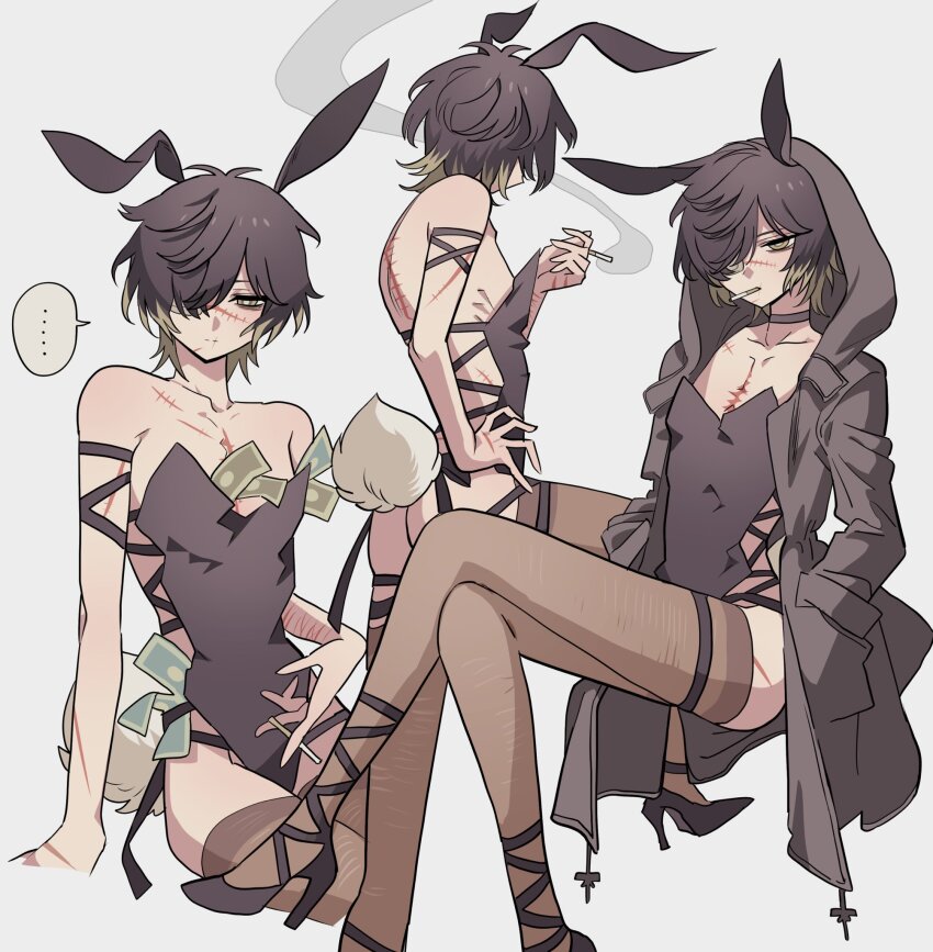 ..., 1boy, animal_ears, backless_leotard, bad_id, bad_twitter_id, bags_under_eyes, banknote