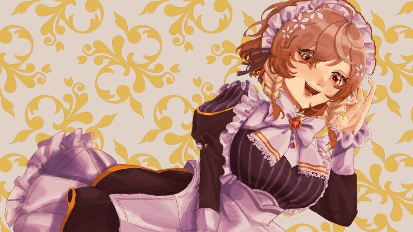 1girl, bow, bowtie, braid, breasts, brown_eyes, brown_hair, flower, hair_flower, hair_ornament, hair_over_one_eye, hand_up, highres, hun_yb, klara_charmwood, klara_charmwood_(1st_costume), large_breasts, maid, maid_headdress, medium_hair, nijisanji, nijisanji_en, open_mouth, solo, twin_braids, virtual_youtuber