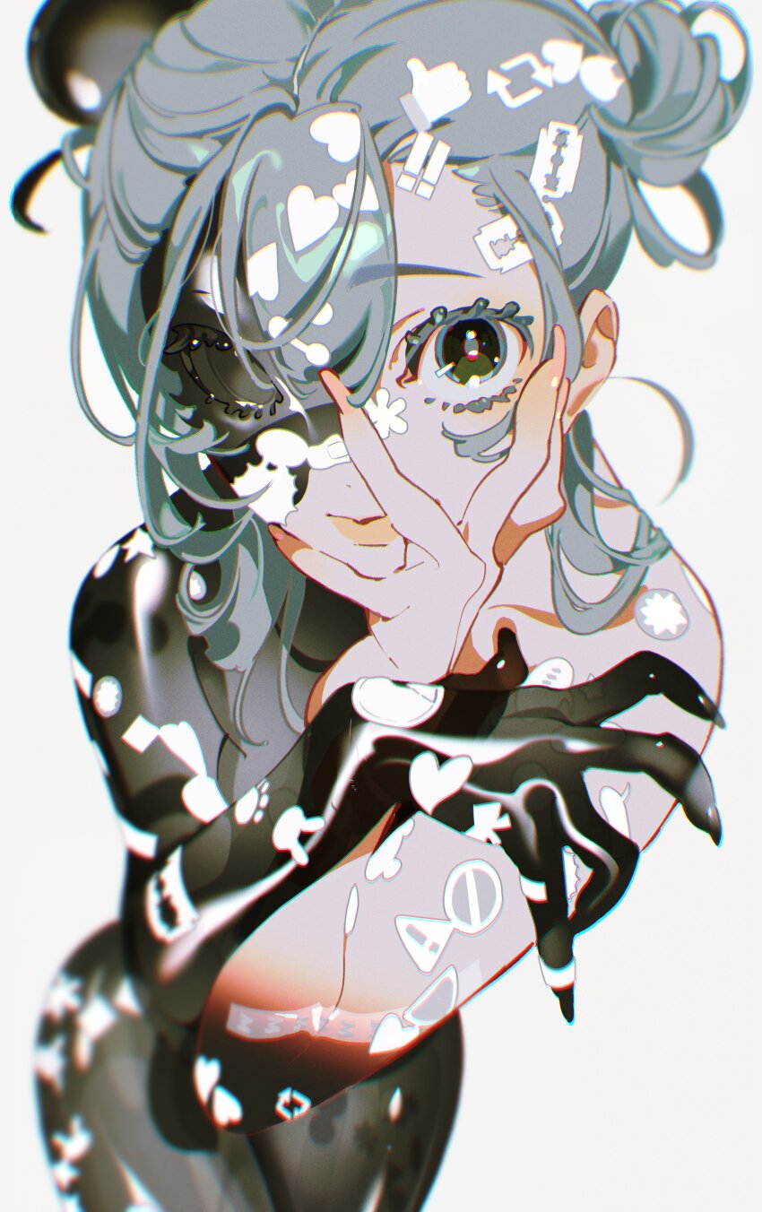 1girl, absurdres, blurry, chromatic_aberration, colored_eyelashes, depth_of_field, eyes_visible_through_hair, fingernails, from_above, grey_hair, hair_bun, hair_over_one_eye, hair_over_shoulder, hand_on_own_face, heart, heart_sticker, highres, lips, long_fingernails, looking_at_viewer, one_eye_covered, original, perspective, see-through_body, solo, sticker, sticker_on_arm, sticker_on_face, sticker_on_hair, sticker_on_hand, sticker_on_leg, thick_eyelashes, transparent_hand, white_background, wide-eyed, yoneyama_mai