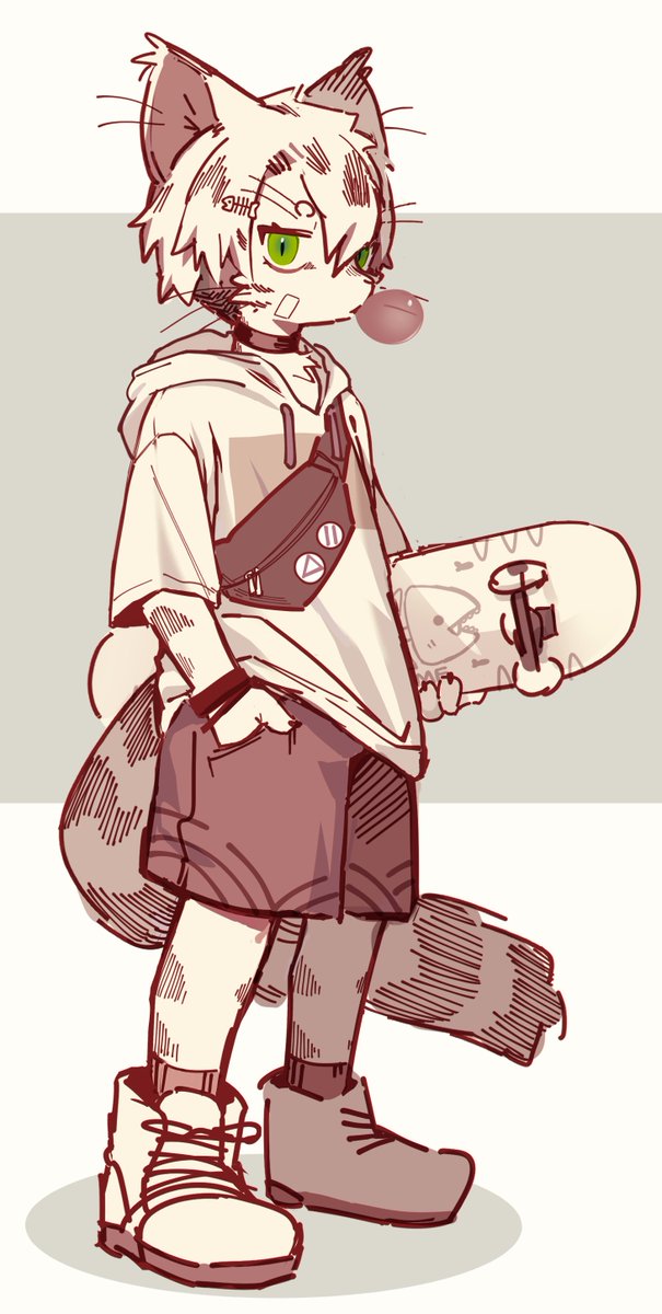 1boy, animal_ears, bag, bandaid, bandaid_on_cheek, bandaid_on_face, black_choker, blowing_bubble_gum