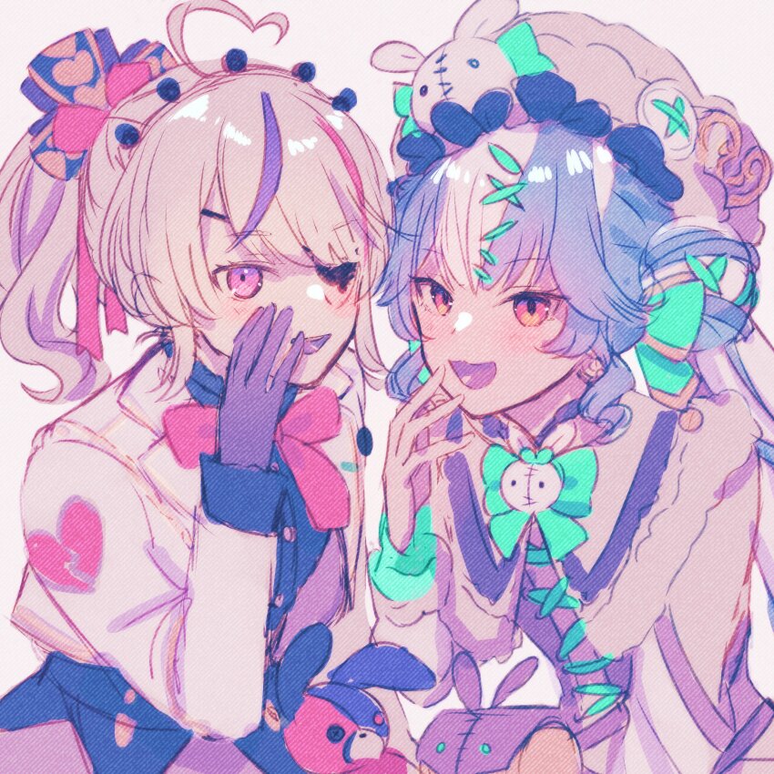 2girls, absurdres, ahoge, blue_hair, blush, bow, bowtie, commentary