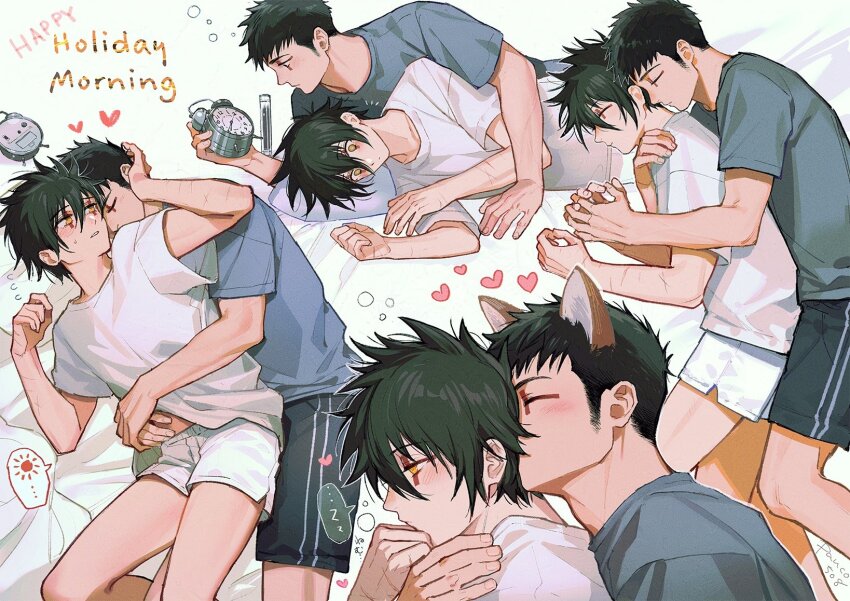 ..., 2boys, alarm_clock, animal_ears, black_hair, blue_shirt, blue_shorts, blush
