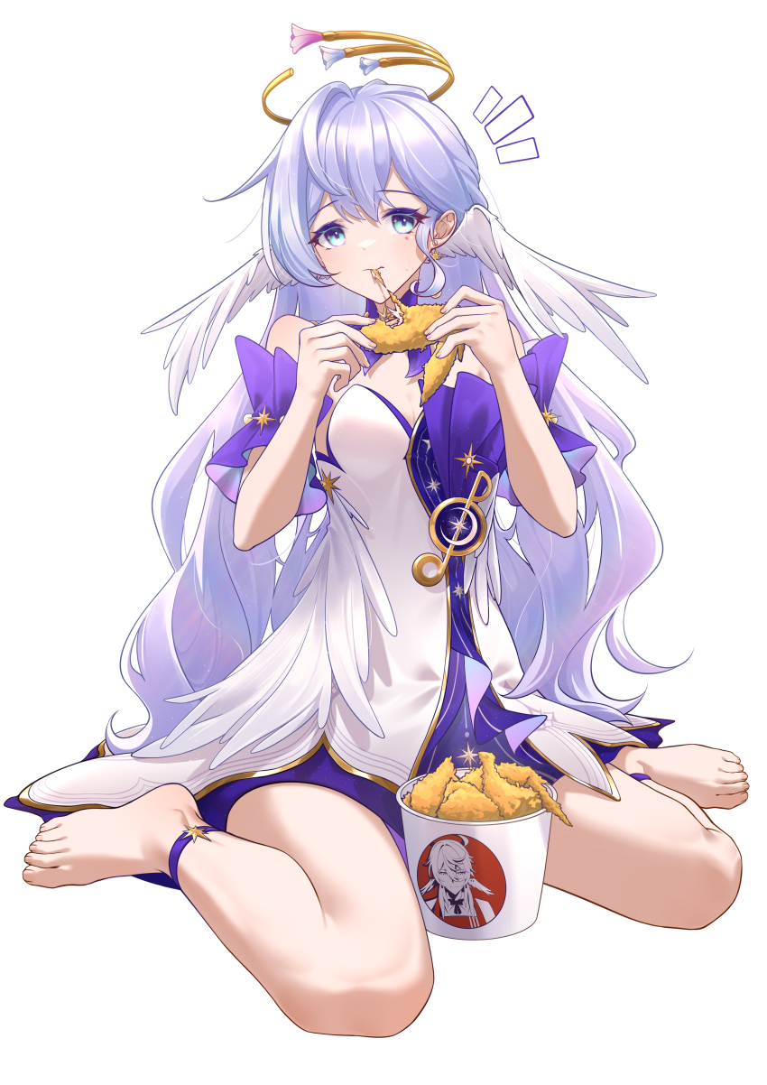1girl, absurdres, ankle_strap, barefoot, breasts, bucket_of_chicken, chan_sang, chicken_(food)