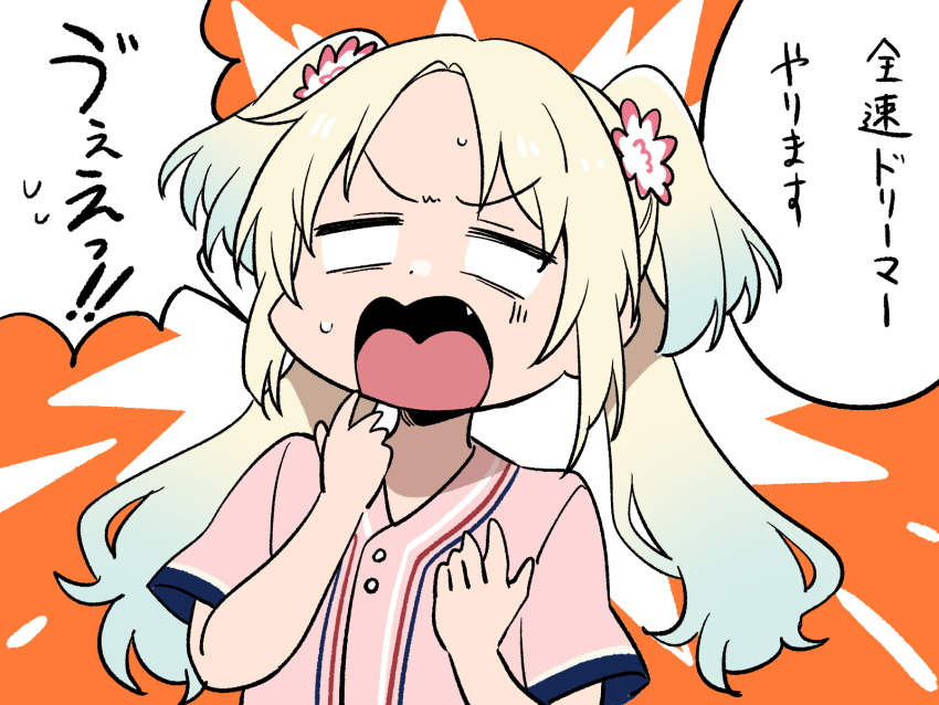 1girl, 3:, baseball_jersey, blank_eyes, blonde_hair, blue_hair, commentary_request, fang, flower, gradient_hair, hair_flower, hair_ornament, hands_up, highres, jersey, kan_kanna, koaraya, light_blue_hair, link!_like!_love_live!, long_hair, love_live!, multicolored_hair, open_mouth, orange_background, osawa_rurino, parted_bangs, pink_flower, pink_shirt, shirt, short_sleeves, solo, surprised, sweat, translation_request, twintails, upper_body, voice_actor_connection, white_flower