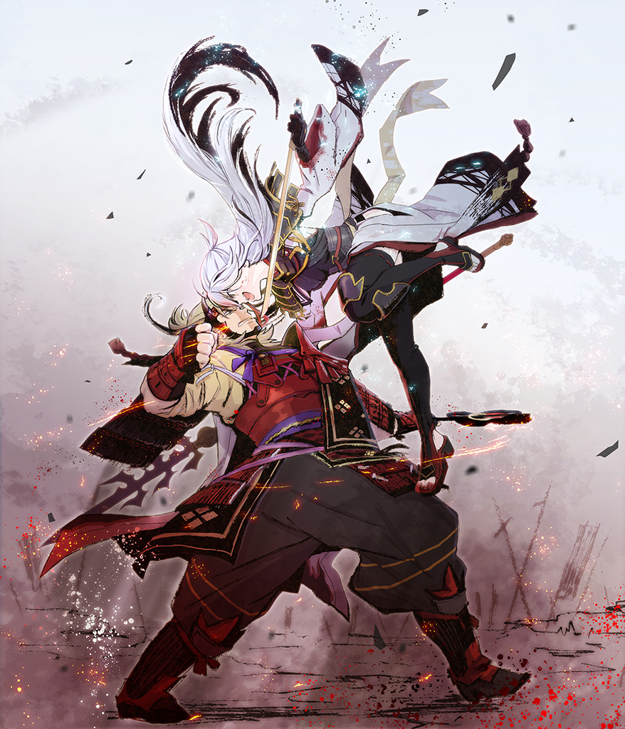 1boy, 1girl, armor, asatsuki_kamo, black_hair, black_thighhighs, blood, blood_on_clothes