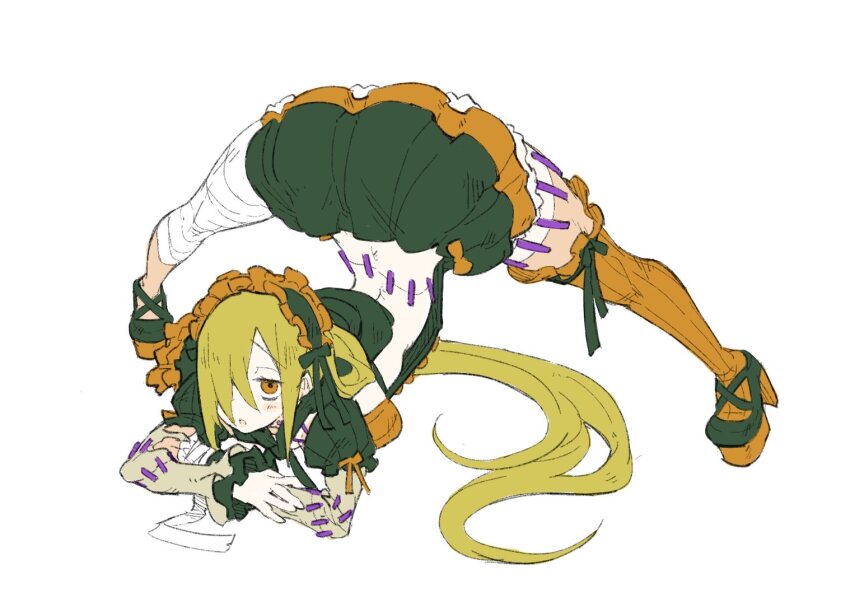 1girl, arched_back, bandaged_leg, bandages, blonde_hair, brown_eyes, dress, flexible