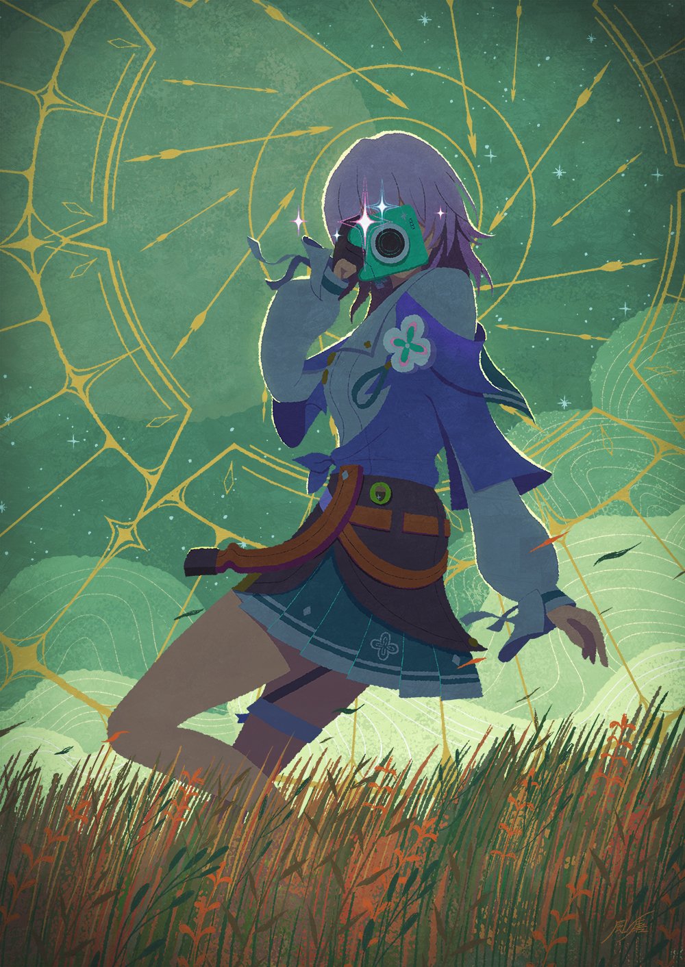 1girl, arrow_(projectile), black_gloves, blue_skirt, camera, covering_face, gloves, halo