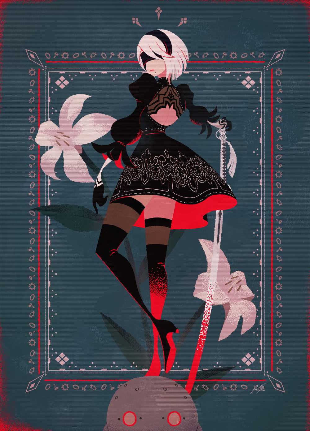 1girl, 2b_(nier:automata), black_boots, black_dress, black_gloves, black_hairband, black_thighhighs, blindfold, blood, blood_on_clothes, bloody_weapon, blue_background, boots, border, closed_mouth, covered_eyes, dress, flower, foot_out_of_frame, frilled_sleeves, frills, full_body, gloves, grey_hair, hairband, hand_on_hilt, high_heel_boots, high_heels, highres, holding, holding_sword, holding_weapon, juliet_sleeves, katana, long_sleeves, machine_(nier), mole, mole_under_mouth, namiki_kazama, nier:automata, nier_(series), ornate_border, puffy_sleeves, robot, short_hair, signature, solo, sword, thighhighs, weapon