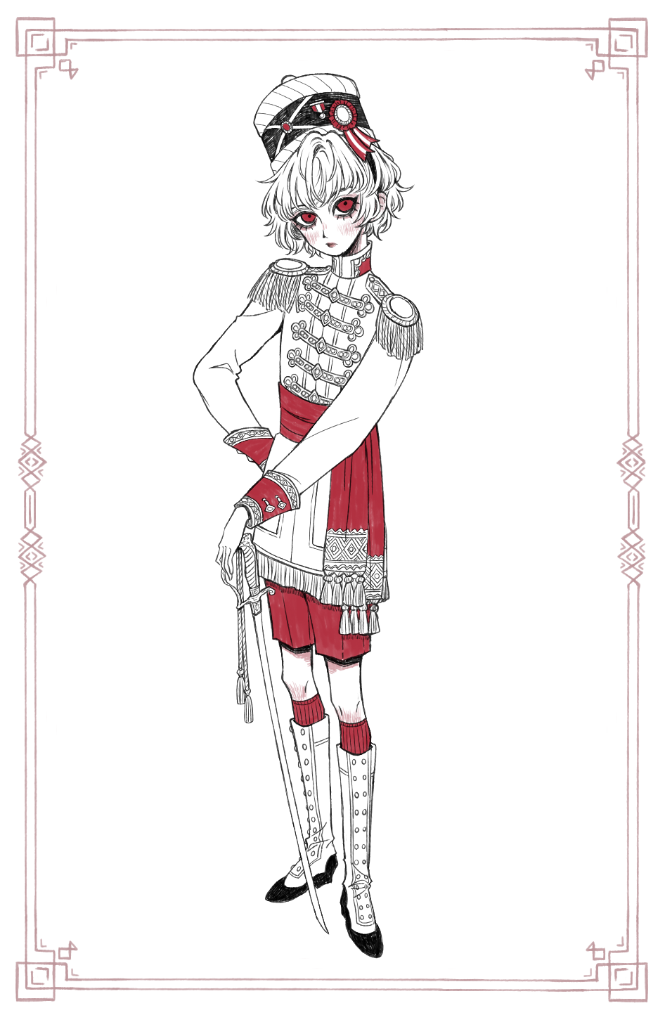 1boy, blush, boots, border, closed_mouth, commentary, costume_request, eleanor_(ohmyeleanor)