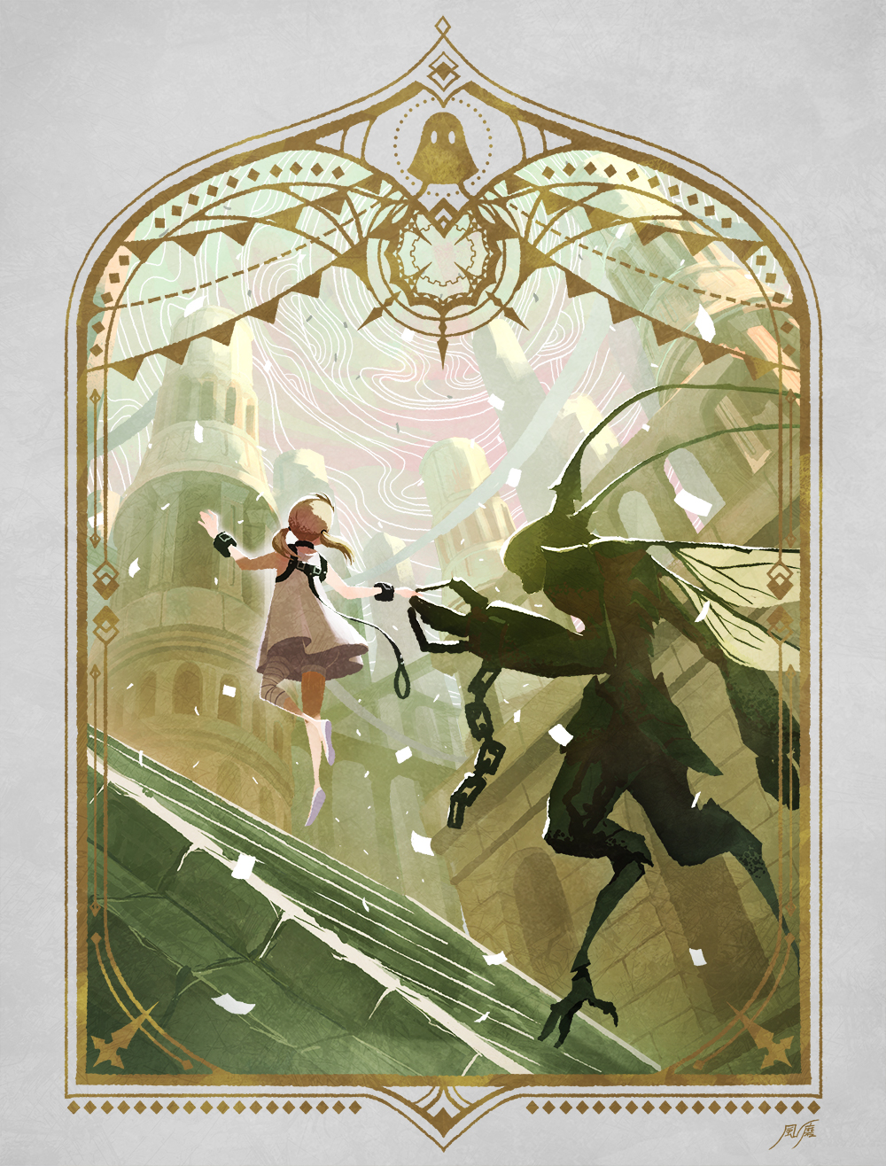 1girl, bandaged_leg, bandages, blonde_hair, border, chain, city, cuffs