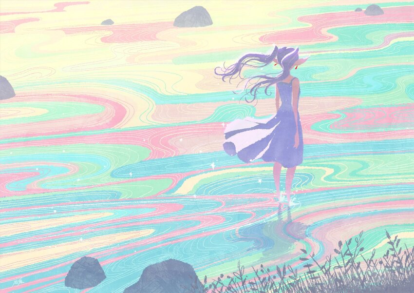 1girl, dress, earrings, floating_clothes, floating_hair, frieren, from_behind, grey_hair