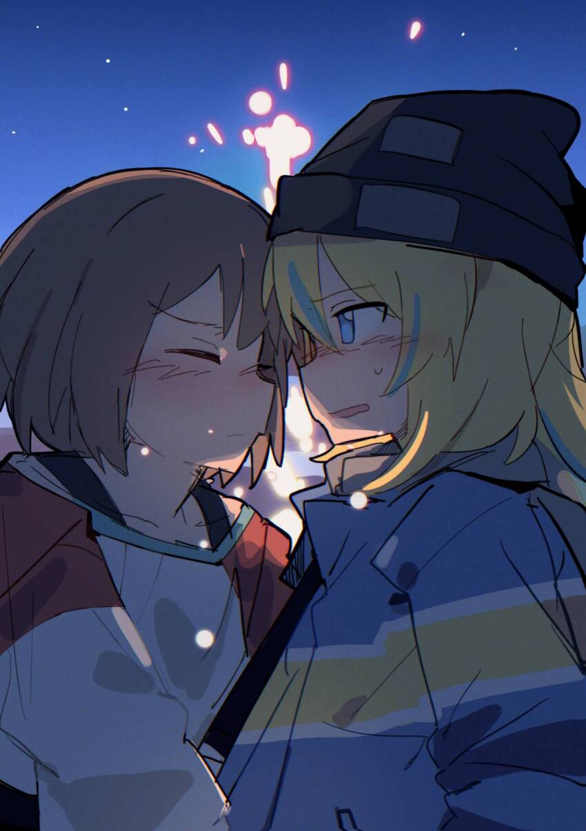 2girls, aerial_fireworks, beanie, black_hat, blonde_hair, blue_eyes, blue_hair, blue_jacket