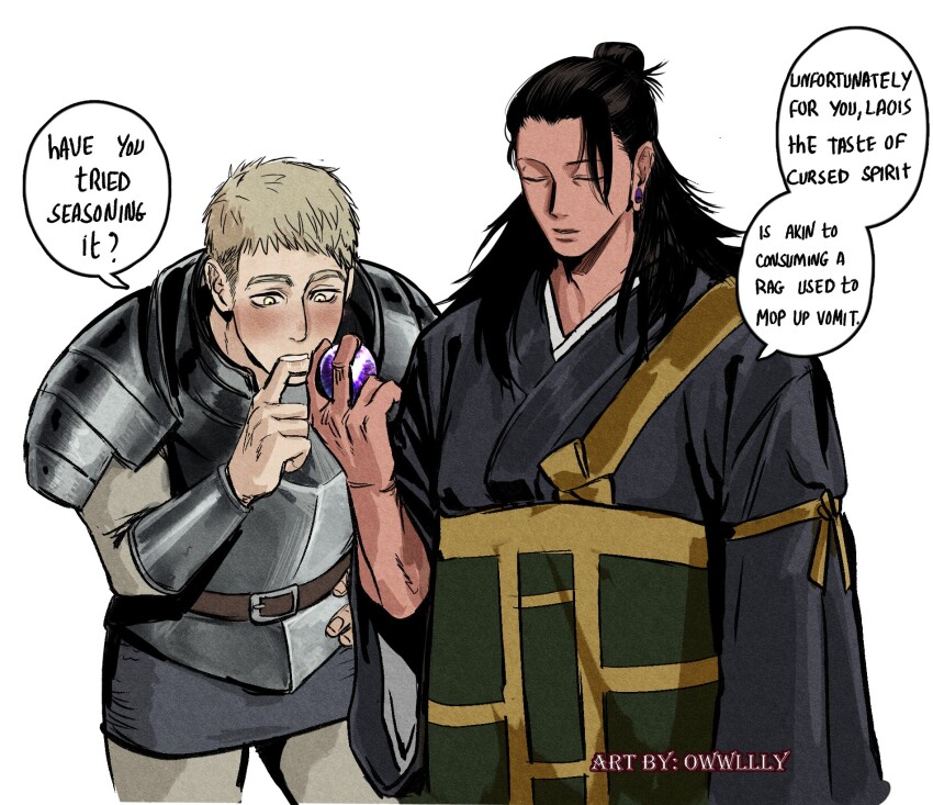 2boys, armor, black_hair, blonde_hair, blush, crossover, curious, dungeon_meshi