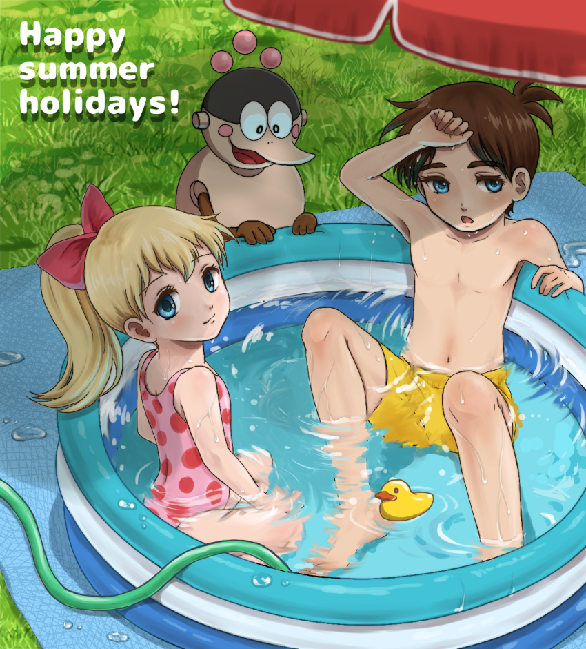 1boy, 1girl, 1other, arm_up, barefoot, bariquand_(chargeman_ken!), bird, blonde_hair, blue_eyes, brown_hair, chargeman_ken!, collarbone, duck, english_text, grass, highres, izumi_caron, izumi_ken, light_smile, male_swimwear, olive_(piiiino965), open_mouth, outdoors, pink_ribbon, ponytail, pool, ribbon, siblings, summer, swim_trunks, swimsuit, topless_male, wading_pool, water