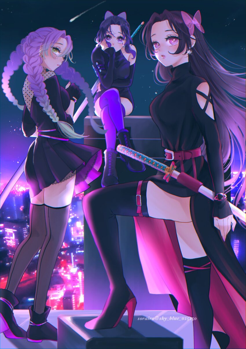 3girls, alternate_costume, ankle_boots, arm_holster, back-seamed_legwear, bare_shoulders, belt, black_dress