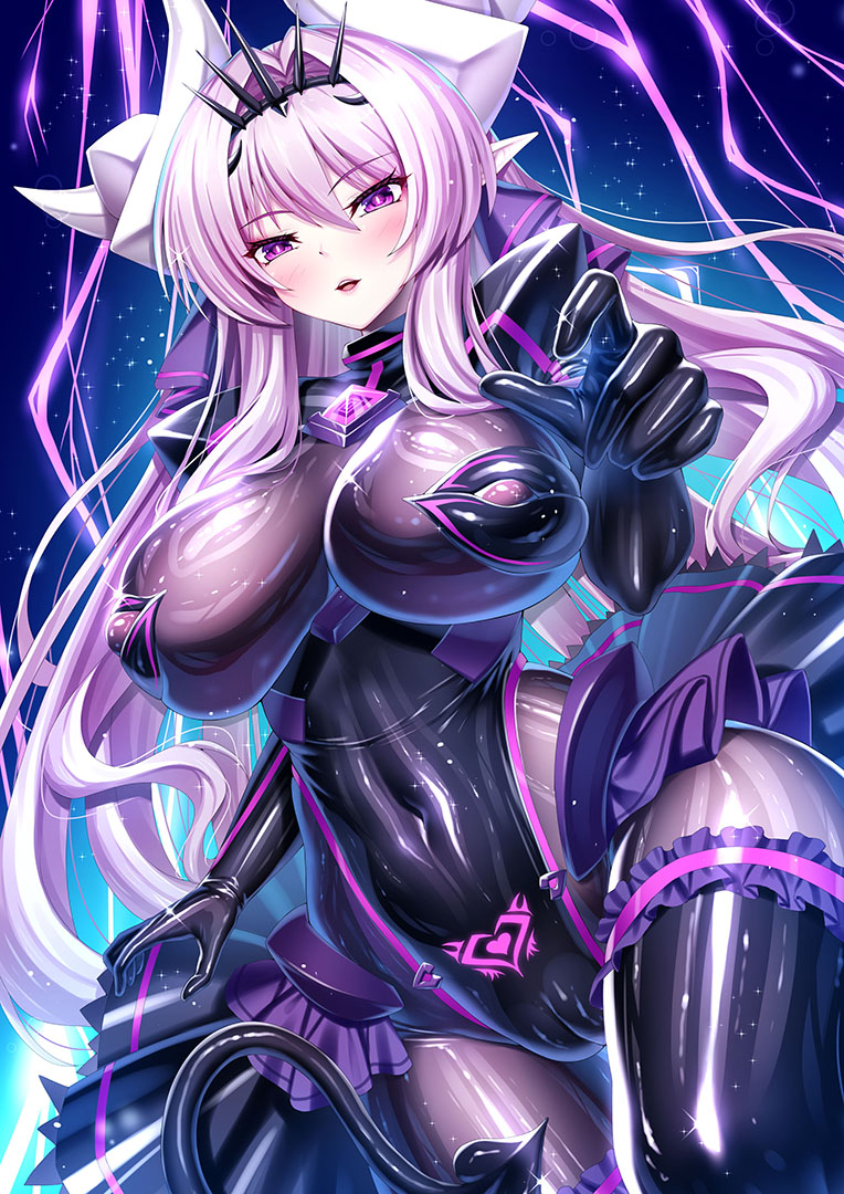 1girl, blush, bodysuit, breasts, cameltoe, corruption, covered_navel, dark_persona, demon_girl, demon_horns, demon_tail, exs-tia, horns, iro_ame_(amewaagada), kouyoku_senki_exs-tia, large_breasts, latex, latex_bodysuit, light_particles, long_hair, looking_at_viewer, pink_eyes, pink_hair, pointy_ears, pubic_tattoo, shiny_clothes, smile, solo, tail, tattoo