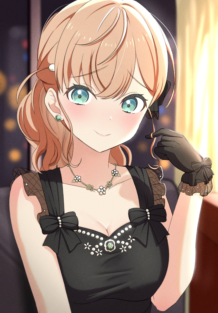 1girl, absurdres, black_dress, black_gloves, blurry, blurry_background, blush, bow, breasts, cleavage, closed_mouth, collarbone, commentary_request, cross, cross_necklace, dress, earrings, flower, flower_necklace, frilled_gloves, frills, gloves, green_eyes, hair_ornament, hand_up, highres, hinoshita_kaho, hinoshita_kaho_(17th_birthday), jewelry, large_breasts, light_brown_hair, link!_like!_love_live!, long_hair, looking_at_viewer, love_live!, medium_hair, necklace, nervous, orange_hair, playing_with_own_hair, ponytail, see-through_clothes, sleeveless, sleeveless_dress, smile, upper_body, virtual_youtuber, zanpon