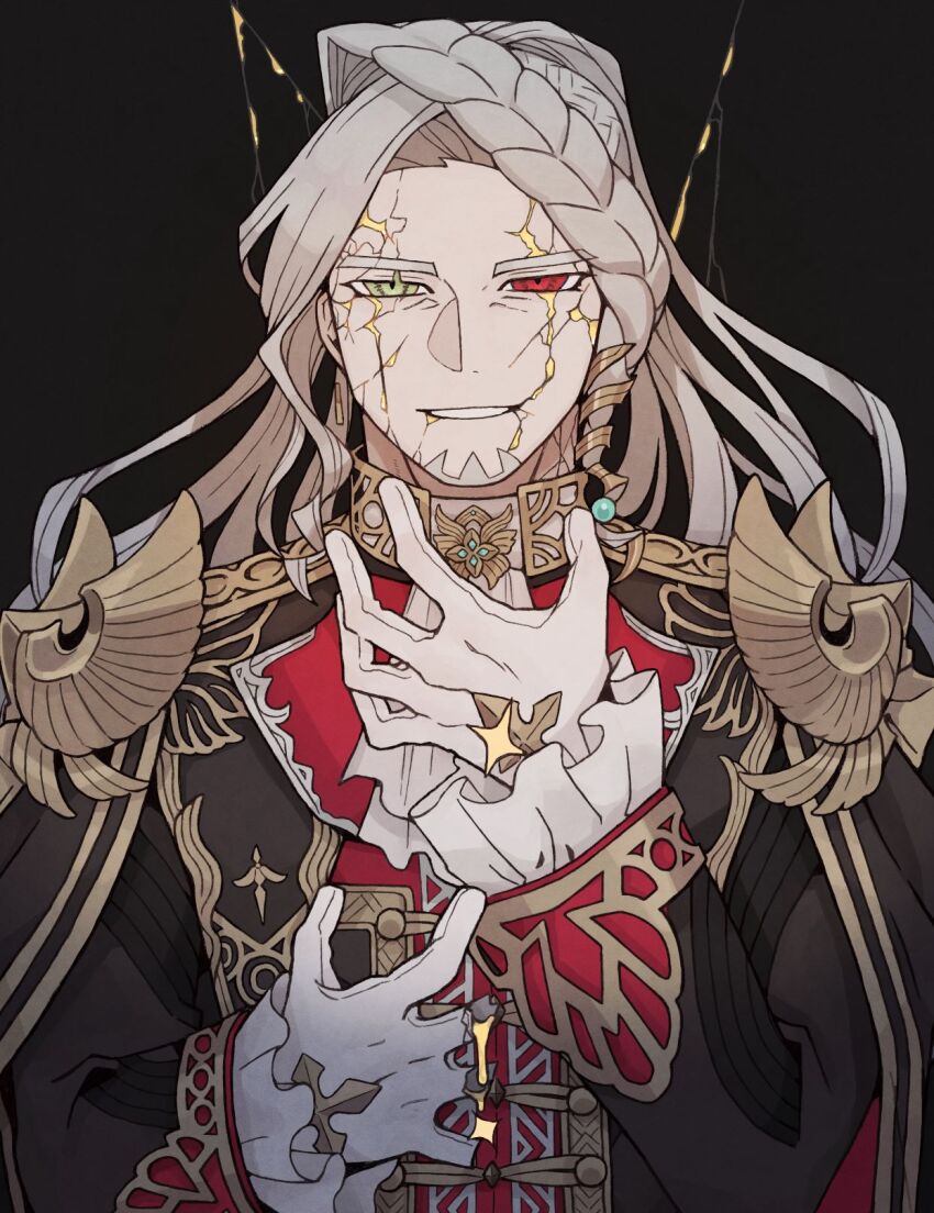 1boy, alessandro_di_cagliostro_(fate), alessandro_di_cagliostro_(third_ascension)_(fate), ascot, beard, black_background, black_coat, braid, coat, cracked_background, cracked_skin, facial_hair, facial_mark, fate/grand_order, fate_(series), gloves, goatee, gold_trim, green_eyes, grey_hair, heterochromia, highres, long_hair, looking_at_viewer, male_focus, red_eyes, seikoo_caffeine, shoulder_boards, simple_background, smile, solo, white_ascot