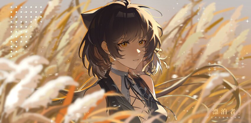 1girl, alkyne_gui, bare_shoulders, black_bow, black_hair, bow, breasts, colored_inner_hair, female_rover_(wuthering_waves), grass, grey_hair, hair_bow, hair_ornament, highres, long_hair, low_ponytail, multicolored_hair, nature, outdoors, ponytail, rover_(wuthering_waves), smile, two-tone_hair, upper_body, wuthering_waves, yellow_eyes