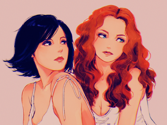 2girls, aqua_eyes, blue_hair, breasts, cleavage, curly_hair, eatslugs, elena_sergeevna_katina