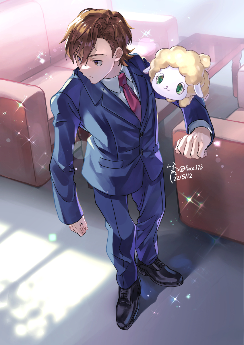 1boy, absurdres, animal_on_arm, artist_name, baby_animal, black_footwear, blue_pants, blue_suit