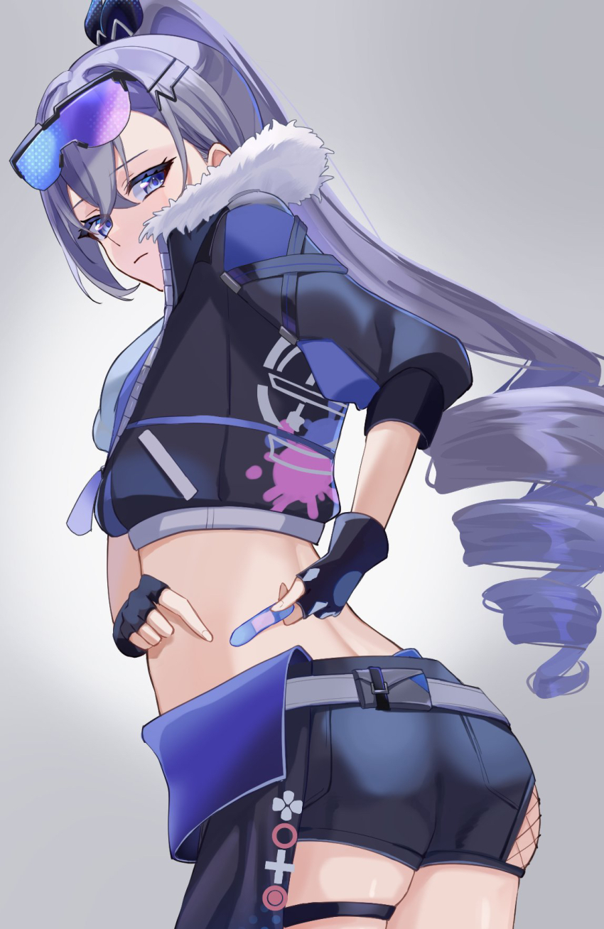 1girl, ass, bandaid, belt, black_jacket, black_shorts, commentary_request, cowboy_shot