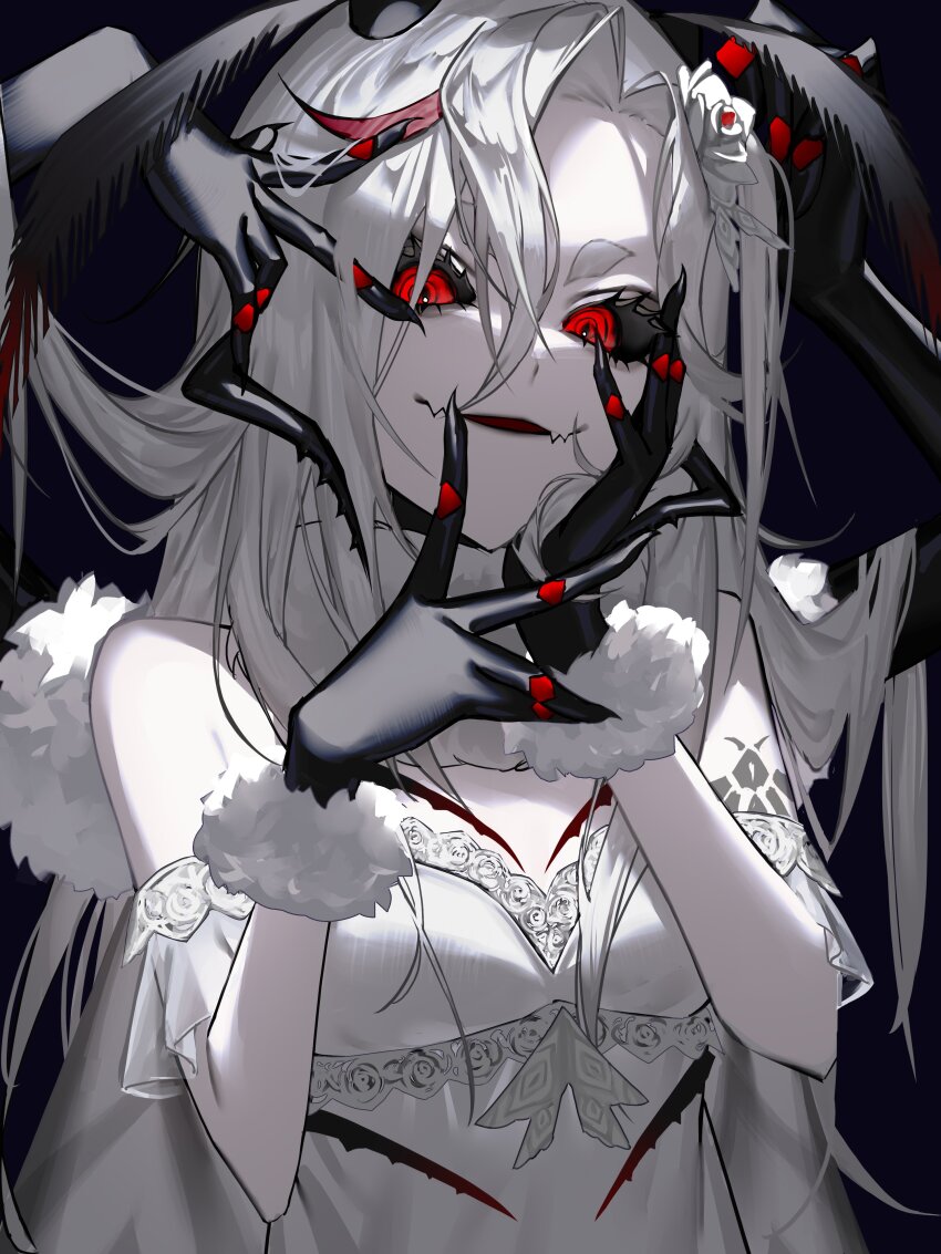 1girl, absurdres, arm_tattoo, arthropod_girl, black_background, black_gloves, black_sclera, colored_sclera, dress, flower, fur-trimmed_gloves, fur_trim, furittsu, gloves, hair_between_eyes, hair_flower, hair_ornament, head_wings, highres, indie_virtual_youtuber, insect_girl, long_hair, lyra_calyptra, moth_girl, red_eyes, second-party_source, solo, tattoo, upper_body, virtual_youtuber, white_dress, white_flower, white_hair, wings