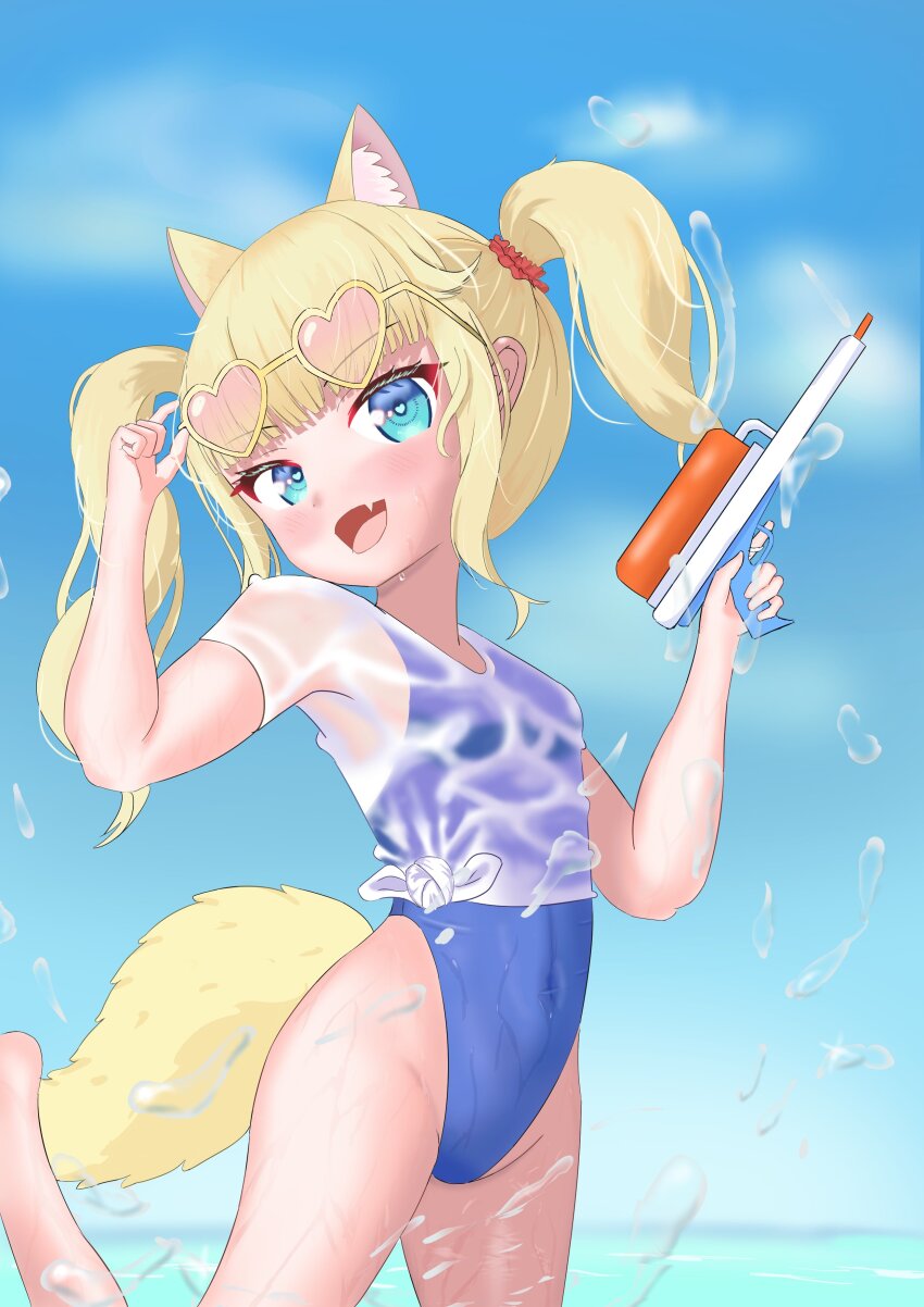 1girl, 2023, absurdres, animal_ears, blue_eyes, cat_ears, cuemew_(vtuber), heart_glasses, highres, index_finger_raised, indie_virtual_youtuber, solo, squirt_gun, sunglasses, sushiaboverice, swimsuit, trigger_discipline, twintails, virtual_youtuber, water