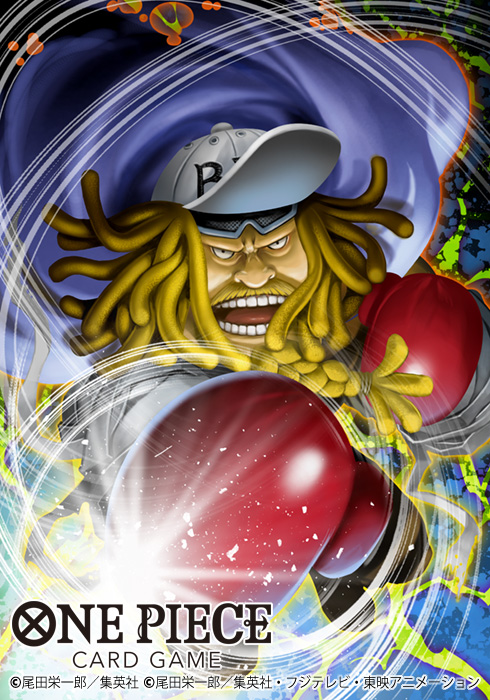 1boy, aiming, aiming_at_viewer, beard, blonde_facial_hair, blonde_hair, boxing_gloves, braid, braided_beard, cape, charlotte_bavarois, commentary_request, copyright_name, dreadlocks, facial_hair, hat, long_beard, looking_at_viewer, male_focus, motion_lines, mustache, official_art, one_piece, one_piece_card_game, open_mouth, purple_cape, solo, tsutsui_misa