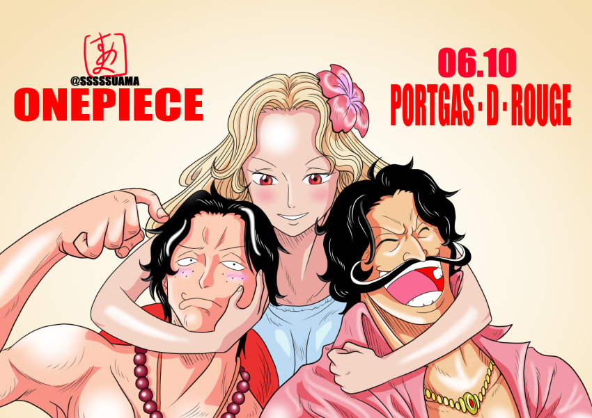 1girl, 2boys, ^_^, black_hair, blonde_hair, blush, character_name, closed_eyes