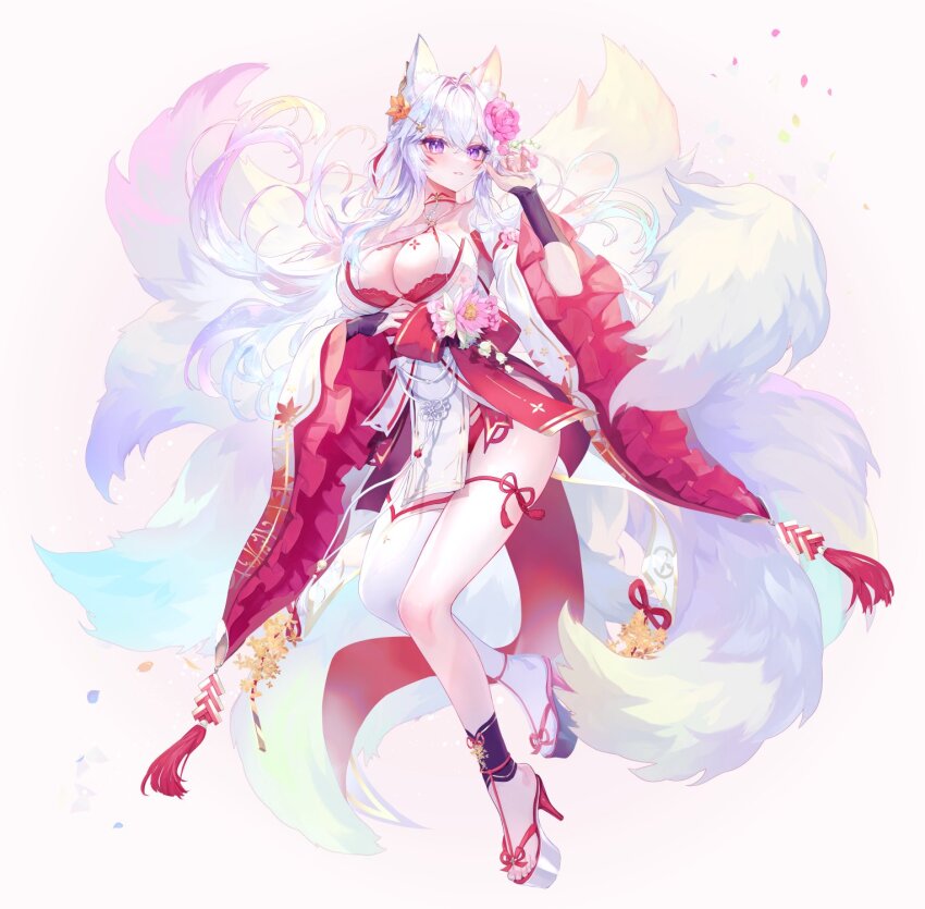 1girl, ahoge, animal_ear_fluff, animal_ears, ankle_garter, asymmetrical_legwear, black_bridal_gauntlets, breast_tattoo, breasts, bridal_gauntlets, center_opening, cleavage, commentary_request, criss-cross_halter, dress, eyeshadow, flower, fox_ears, fox_girl, fox_tail, hair_flower, hair_intakes, hair_ornament, halterneck, highres, indie_virtual_youtuber, japanese_clothes, kimono, large_breasts, light_blush, long_hair, makeup, multiple_tails, nail_polish, natsuiro_xx, off-shoulder_dress, off_shoulder, parted_lips, pelvic_curtain, platform_footwear, purple_eyes, red_eyeshadow, red_kimono, sanatsuki_korin, simple_background, single_thighhigh, solo, tail, tassel, tattoo, thigh_strap, thighhighs, toes, twirling_hair, two-tone_kimono, virtual_youtuber, white_hair, white_kimono, white_nails, white_thighhighs, wide_sleeves