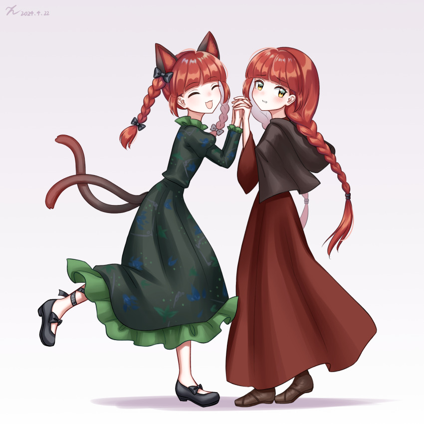 2024, 2girls, :d, ^_^, absurdres, animal_ears, black_bow, black_capelet