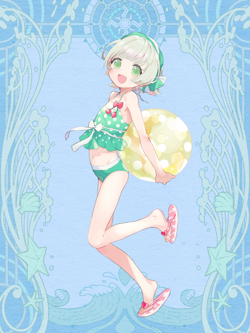 1girl, :d, ball, beachball, blonde_hair, blue_background, bow, child, dairoku_ryouhei, feet, flat_chest, flip-flops, full_body, green_eyes, green_ribbon, green_shirt, hair_ribbon, highres, holding, holding_ball, legs, looking_at_viewer, machiko_(tw), midriff, muguet_blanche, navel, open_mouth, pink_sandals, red_bow, ribbon, sandals, shirt, short_hair, smile, solo, standing, standing_on_one_leg, toenails, toes