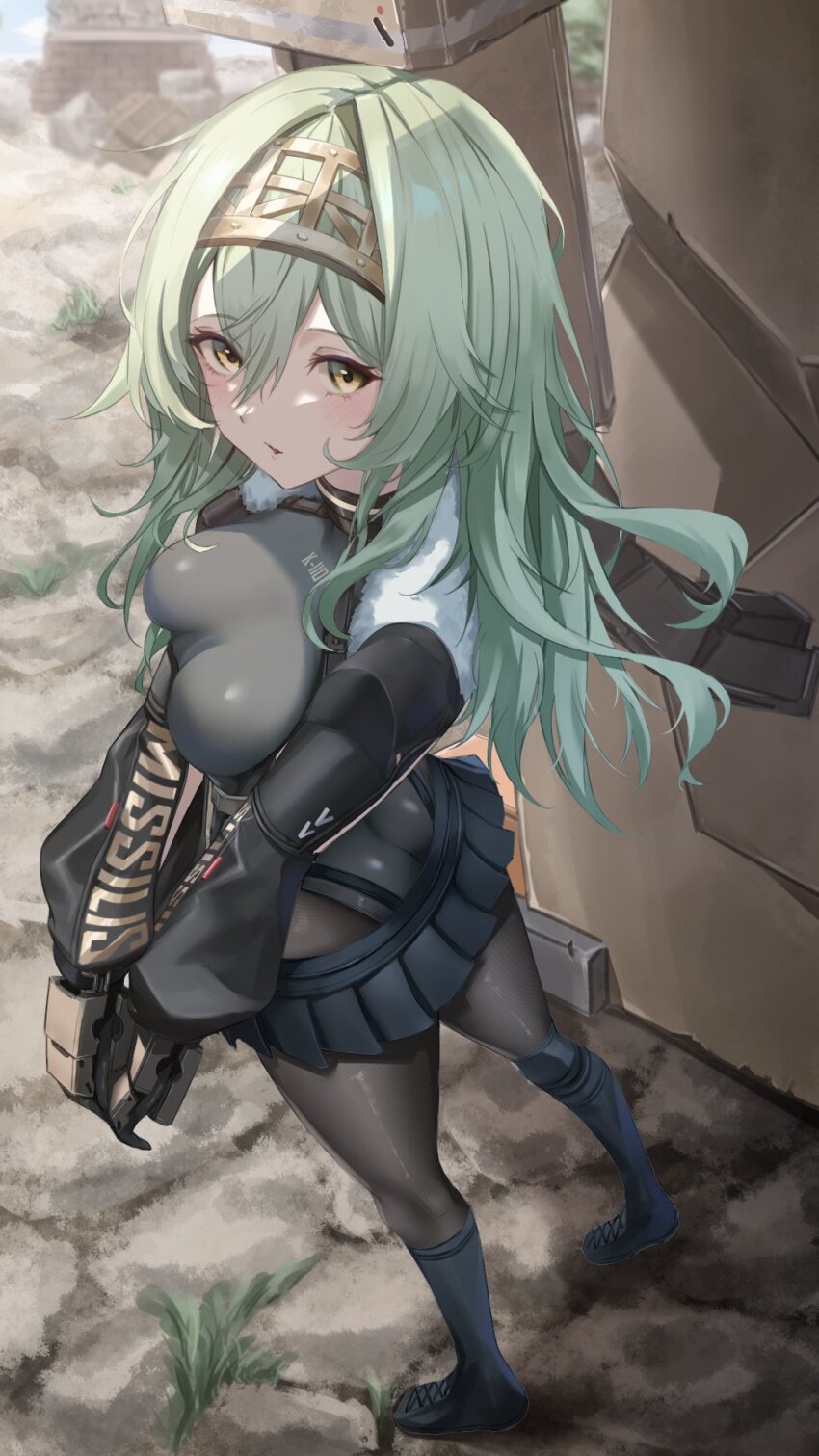 1girl, armored_gloves, ass, belt_pouch, black_bodysuit, black_ribbon, black_skirt, blush
