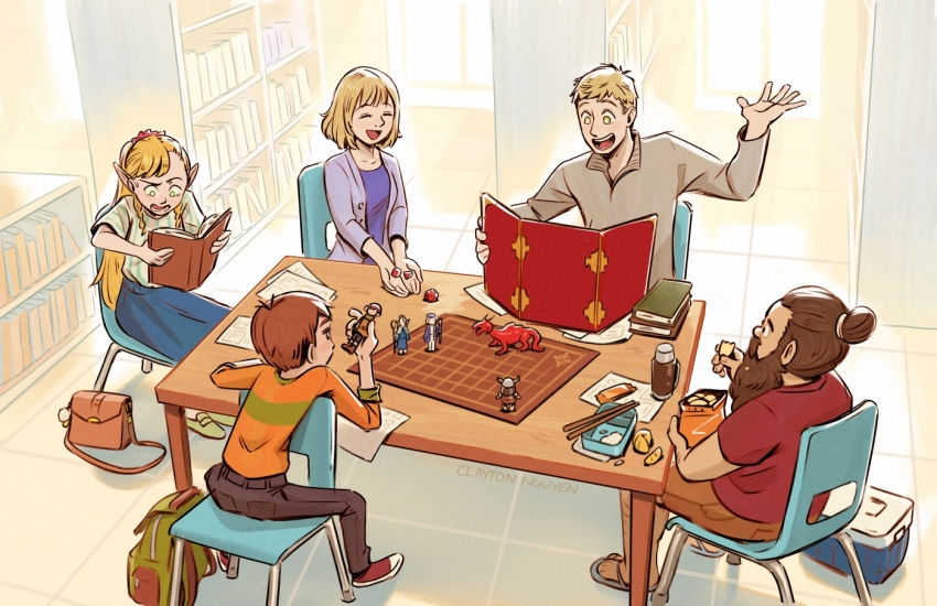 2girls, 3boys, alternate_universe, backpack, bag, bag_of_chips, bento, black_hair, blonde_hair, casual, chair, character_doll, chilchuck_tims, chopsticks, claytondraws, cooler, dice, doll, dungeon_meshi, eating, fake_pointy_ears, falin_touden, falin_touden_(tallman), hair_bun, handbag, humanization, laios_touden, library, marcille_donato, multiple_boys, multiple_girls, open_mouth, playing_games, playing_tabletop_game, pointy_ears, polyhedral_dice, senshi_(dungeon_meshi), sitting, smile, table, tabletop_rpg, thermos