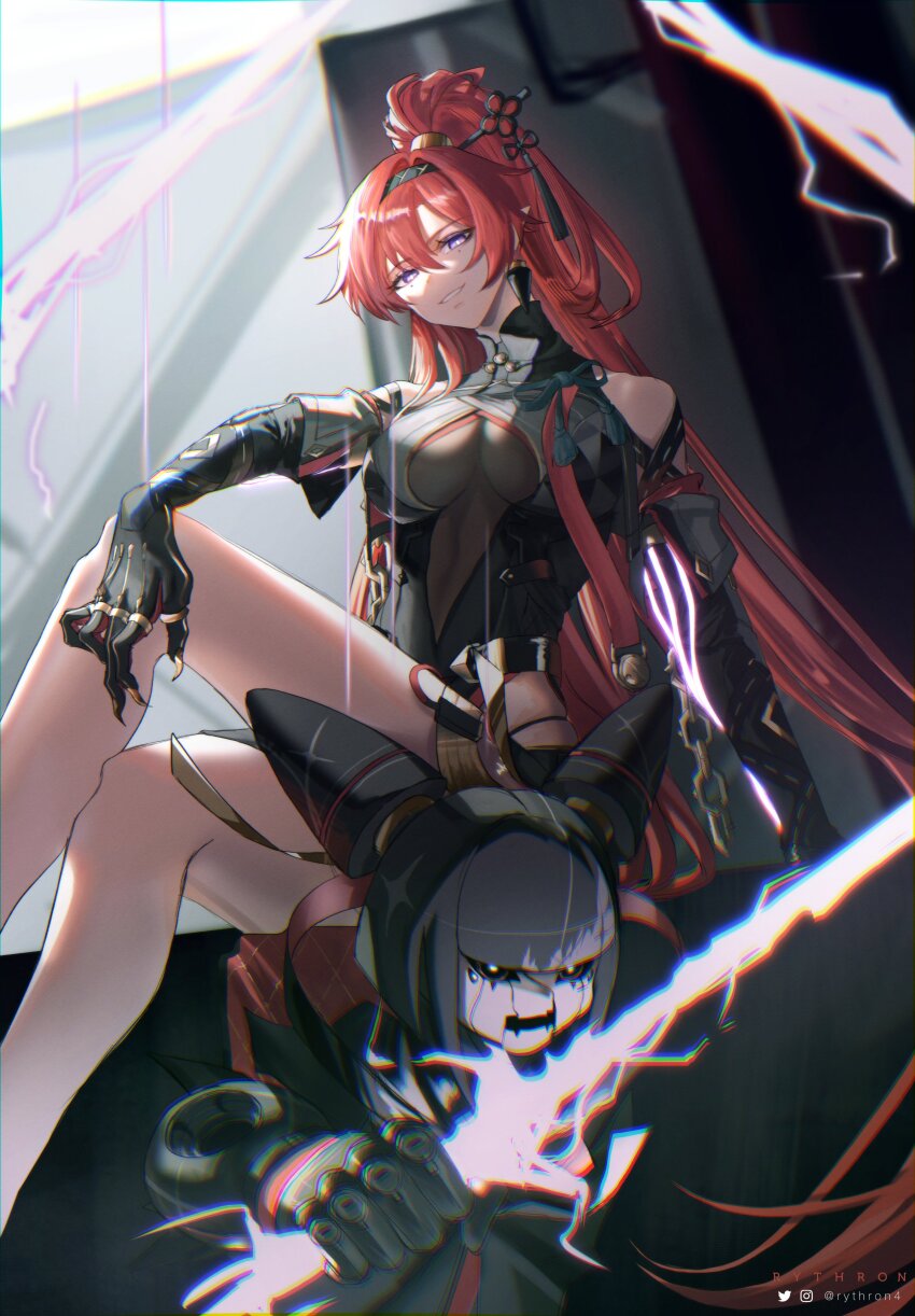 1girl, 1other, absurdres, arm_on_knee, artist_name, bare_legs, bare_shoulders, black_dress, black_gloves, black_shorts, breasts, bright_pupils, circle_facial_mark, commentary, doll, dress, earrings, elbow_gloves, electricity, english_commentary, facial_mark, feet_out_of_frame, flower_hairpin, gloves, hair_between_eyes, hair_ornament, hairpin, high_ponytail, highres, holding_lightning_bolt, instagram_logo, instagram_username, jewelry, large_breasts, looking_ahead, looking_at_viewer, mechanical_hands, pointy_ears, ponytail, purple_eyes, purple_lightning, red_hair, rythron4, see-through_dress_layer, short_shorts, shorts, side_slit, sitting, smile, tassel, twitter_logo, twitter_username, white_pupils, wuthering_waves, yinlin_(wuthering_waves)