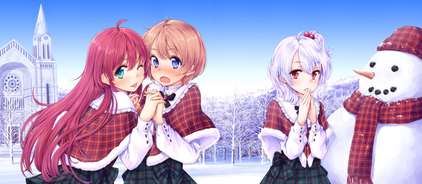 3girls, ;p, capelet, colette_(komorebi_no_kuni), colette_ehl, day, highres, holding_hands
