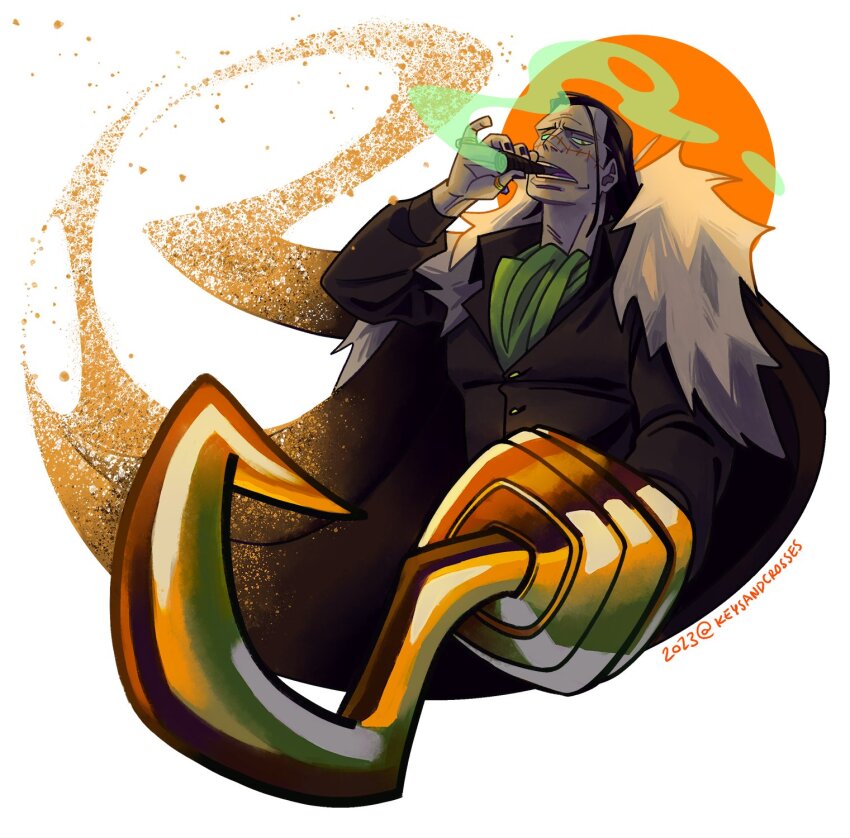 1boy, 2023, ascot, black_hair, cigar, circle, coat, coat_on_shoulders