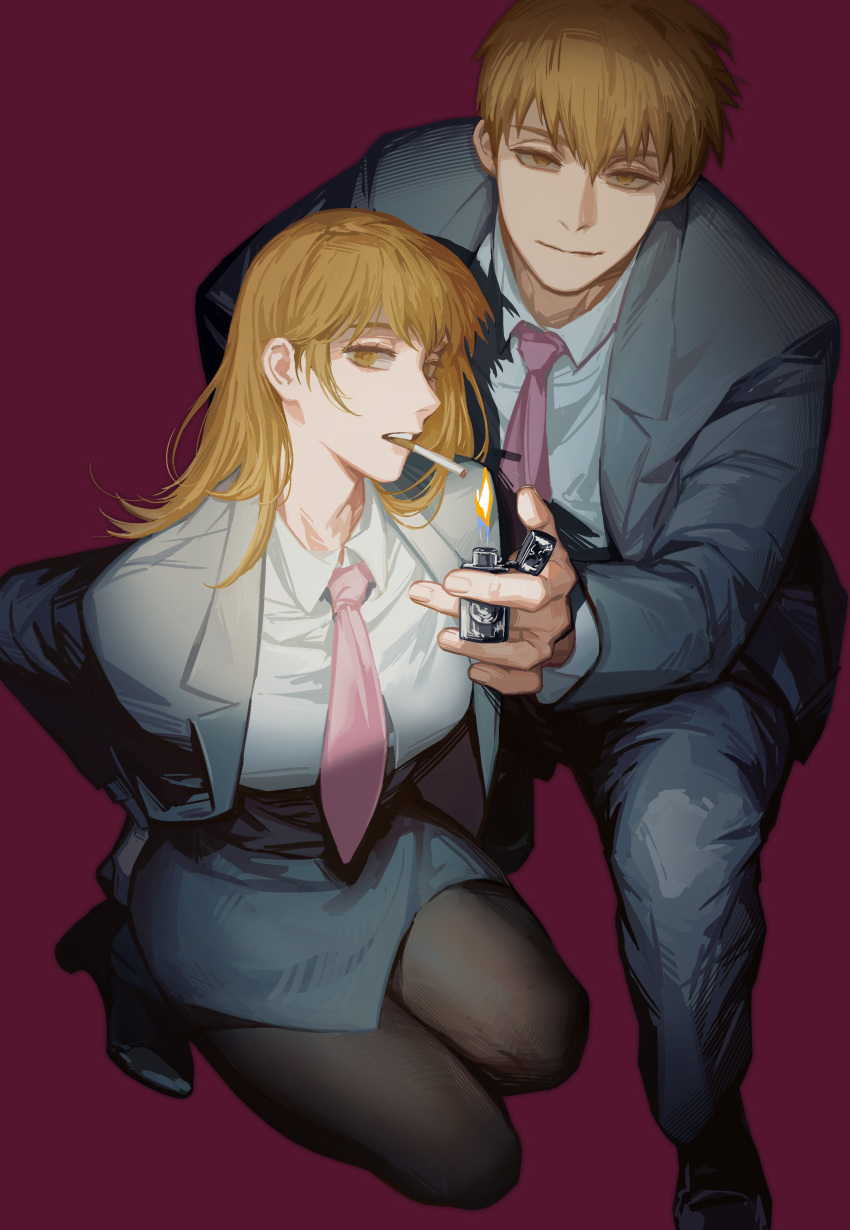 1boy, 1girl, absurdres, black_corset, black_footwear, black_pants, blazer, boots