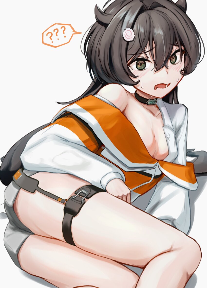 1girl, ?, absurdres, bare_shoulders, blush, breasts, brown_hair, cleavage