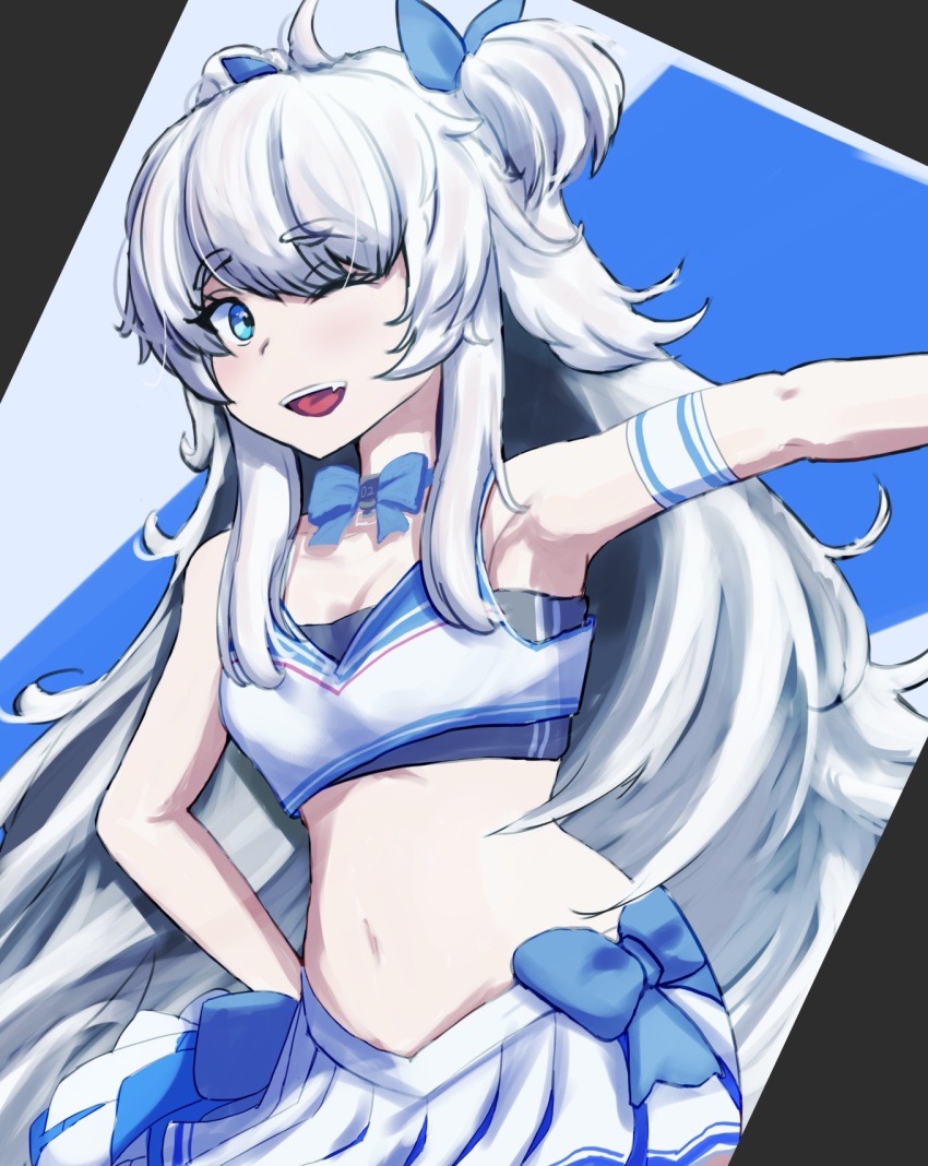 1girl, black_sports_bra, blue_bow, blue_bowtie, blue_eyes, blue_ribbon, blue_skirt, blush