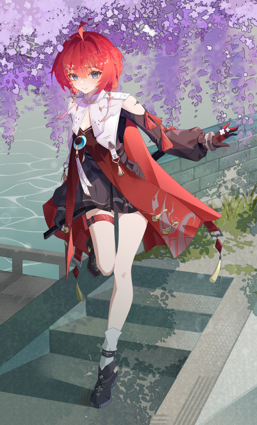 1girl, absurdres, ahoge, aqua_gem, asymmetrical_gloves, bare_legs, black_dress, black_footwear, black_gloves, blue_eyes, body_markings, braid, braided_bun, breasts, bridge, chinese_commentary, cleavage, clothing_cutout, commentary, danjin_(wuthering_waves), dress, earrings, feet_up, flower, full_body, gem, gloves, gold_earrings, grass, hair_between_eyes, hair_bun, hair_intakes, hair_ornament, hairclip, highres, holding, holding_weapon, hoop_earrings, jewelry, mismatched_gloves, mizu_moku_shio, moss, ofuda_earrings, outdoors, outstretched_arm, pond, puffy_sleeves, purple_flower, red_gloves, red_hair, red_tabard, reverse_grip, short_dress, shoulder_boards, shoulder_cutout, small_breasts, smile, socks, solo, stairs, tabard, tacet_mark_(wuthering_waves), tassel, thigh_strap, updo, weapon, white_socks, wisteria, wuthering_waves