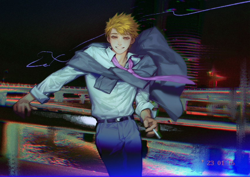 1boy, absurdres, against_railing, belt, belt_buckle, between_fingers, black_belt, black_sky