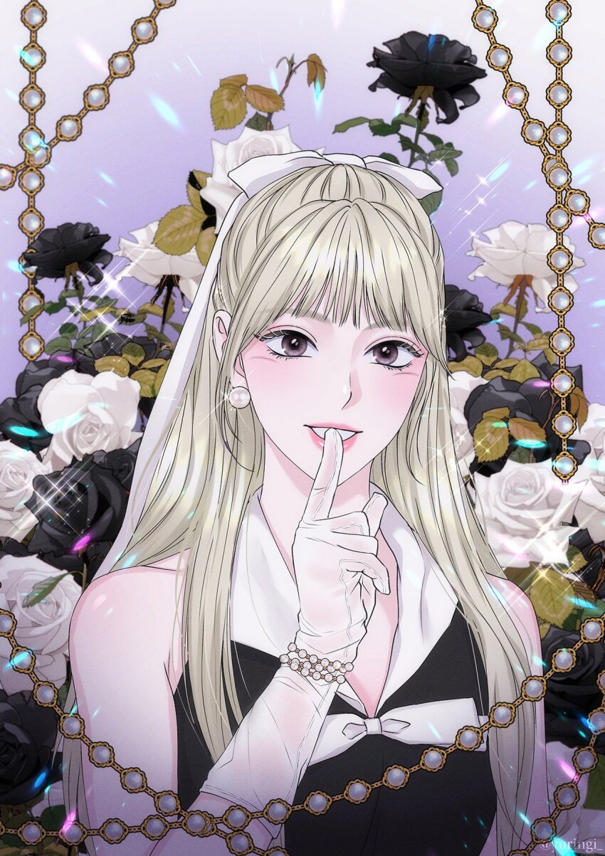 1girl, animification, black_dress, black_flower, black_rose, blonde_hair, blunt_bangs, dress